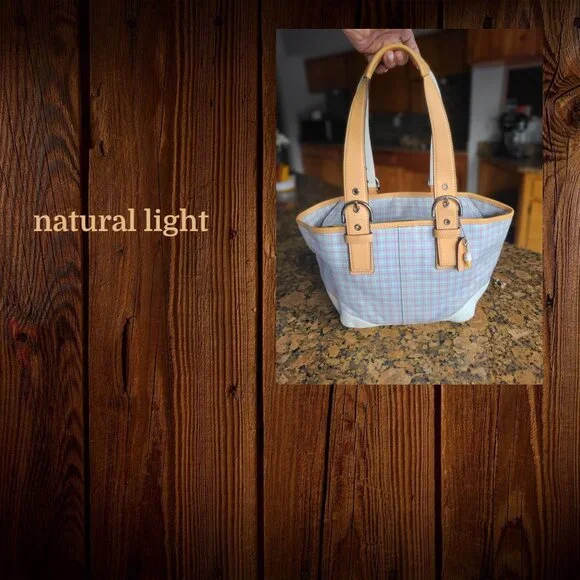 Vintage COACH Soho pastel blue plaid tote with vachetta leather & wristlet - Picture 5 of 15